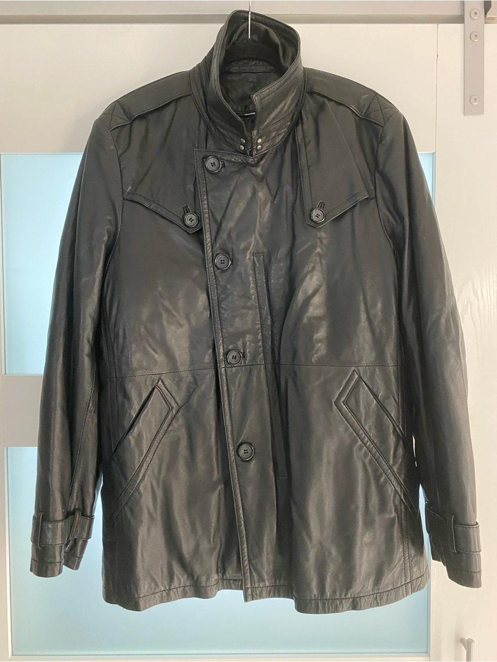 Men's Black Real Leather Pea Coat with High Collar